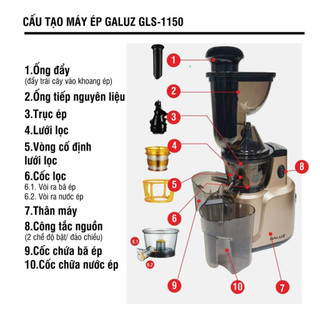 SHIP HỎA TỐC - Máy ép chậm cao cấp 𝗚𝗔𝗟𝗨𝗭 𝗚𝗟𝗦-𝟭𝟭𝟱𝟬 ( Máy ép chậm kèm máy vắt cam 2 trong 1)
