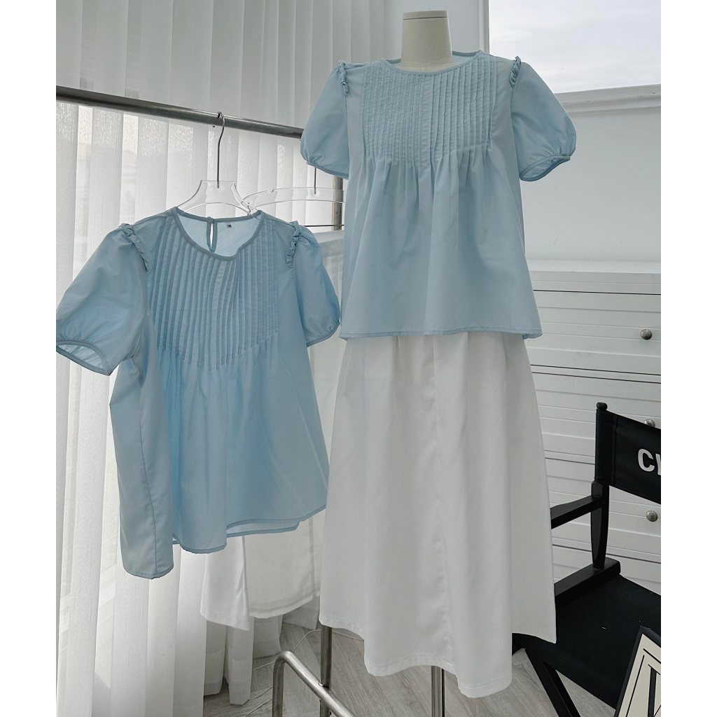 SET ÁO XANH XẾP LY TAY PHỒNG + CHÂN VÁY MIDI TRẮNG