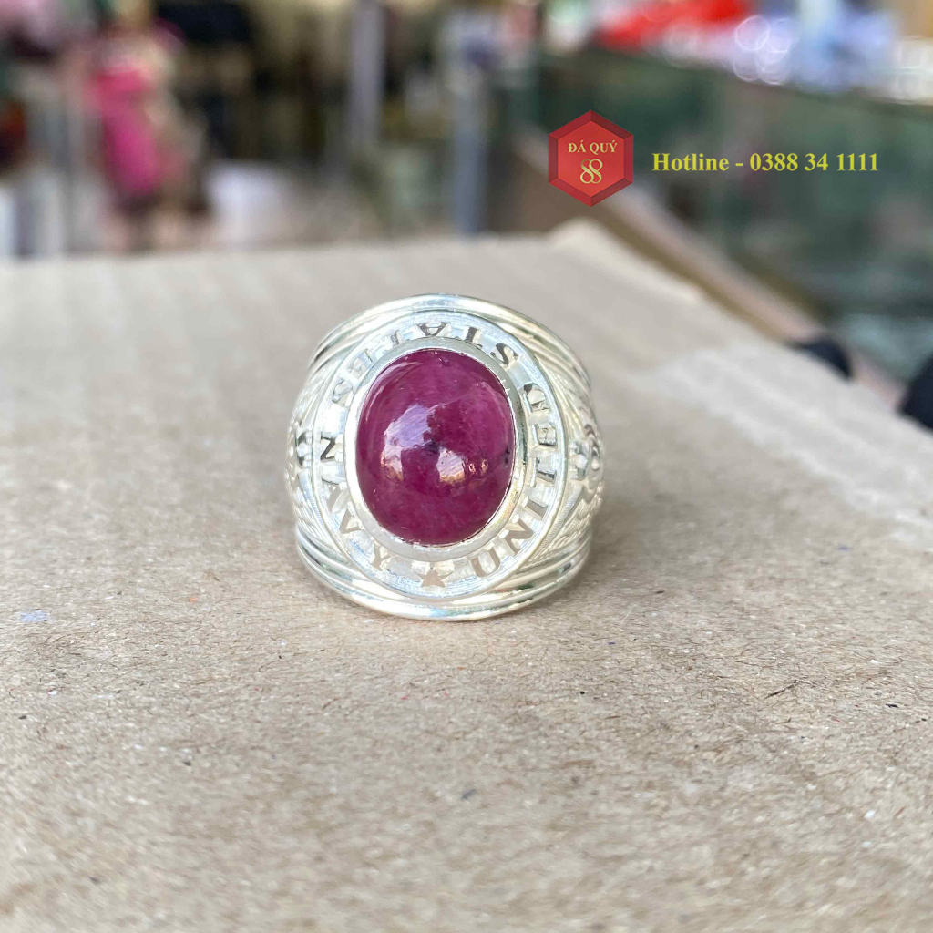 Nhẫn Nam Đá Ruby Tự Nhiên Mài Sống Bạc Ta 001