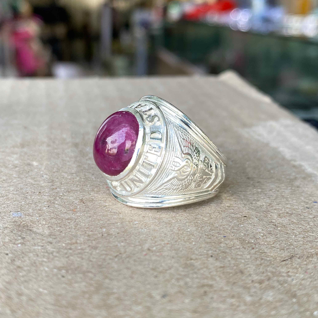 Nhẫn Nam Đá Ruby Tự Nhiên Mài Sống Bạc Ta 001