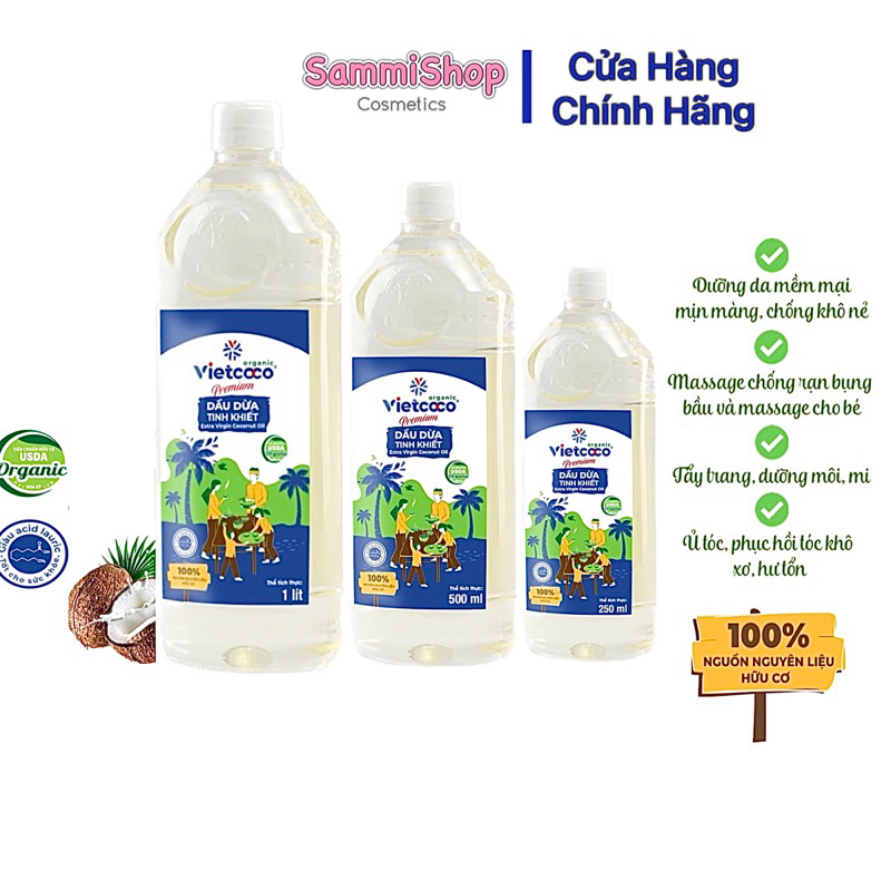 Dầu Dừa ép lạnh Vietcoco Tinh Khiết Organic Chai pet 250ml,500ml,1000ml