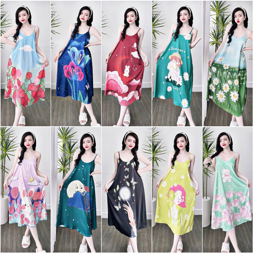 Đầm ngủ nữ cao cấp dáng dài VY LINH 2 dây chất vải latin mềm mại, thoáng mát, thấm hút mồ hôi tốt s1033