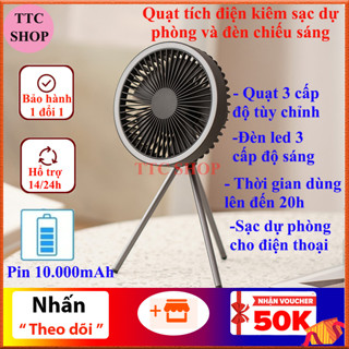  Quạt tích điện 10000 mah Quạt sạc điện pin trâu điều chỉnh 3 tốc độ kiêm sạc dự phòng đèn led chiếu sáng pin siêu bền 