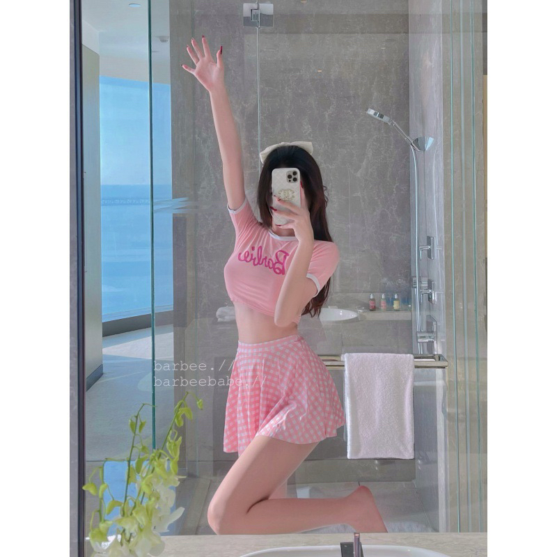 Bikini, đồ bơi nữ ba mảnh crotop chân váy hồng