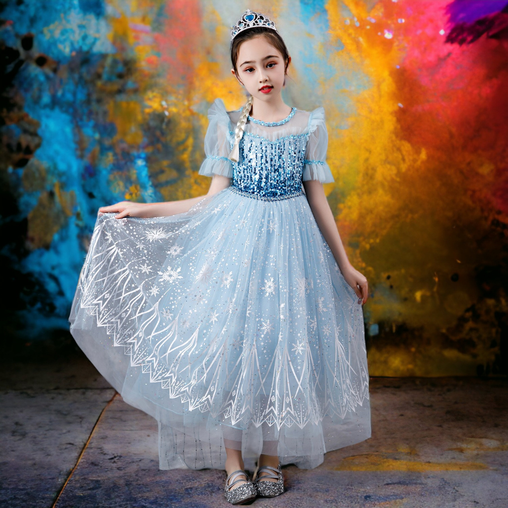 Váy Elsa màu xanh kèm tà dài cho bé gái 3-11 tuổi - Mẫu mới Frozen 2