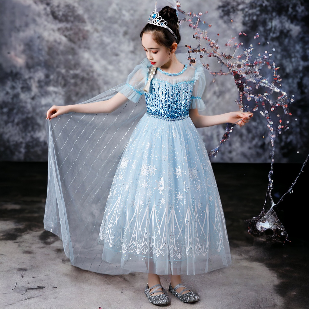 Váy Elsa màu xanh kèm tà dài cho bé gái 3-11 tuổi - Mẫu mới Frozen 2