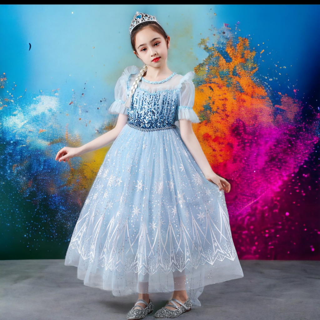 Váy Elsa màu xanh kèm tà dài cho bé gái 3-11 tuổi - Mẫu mới Frozen 2