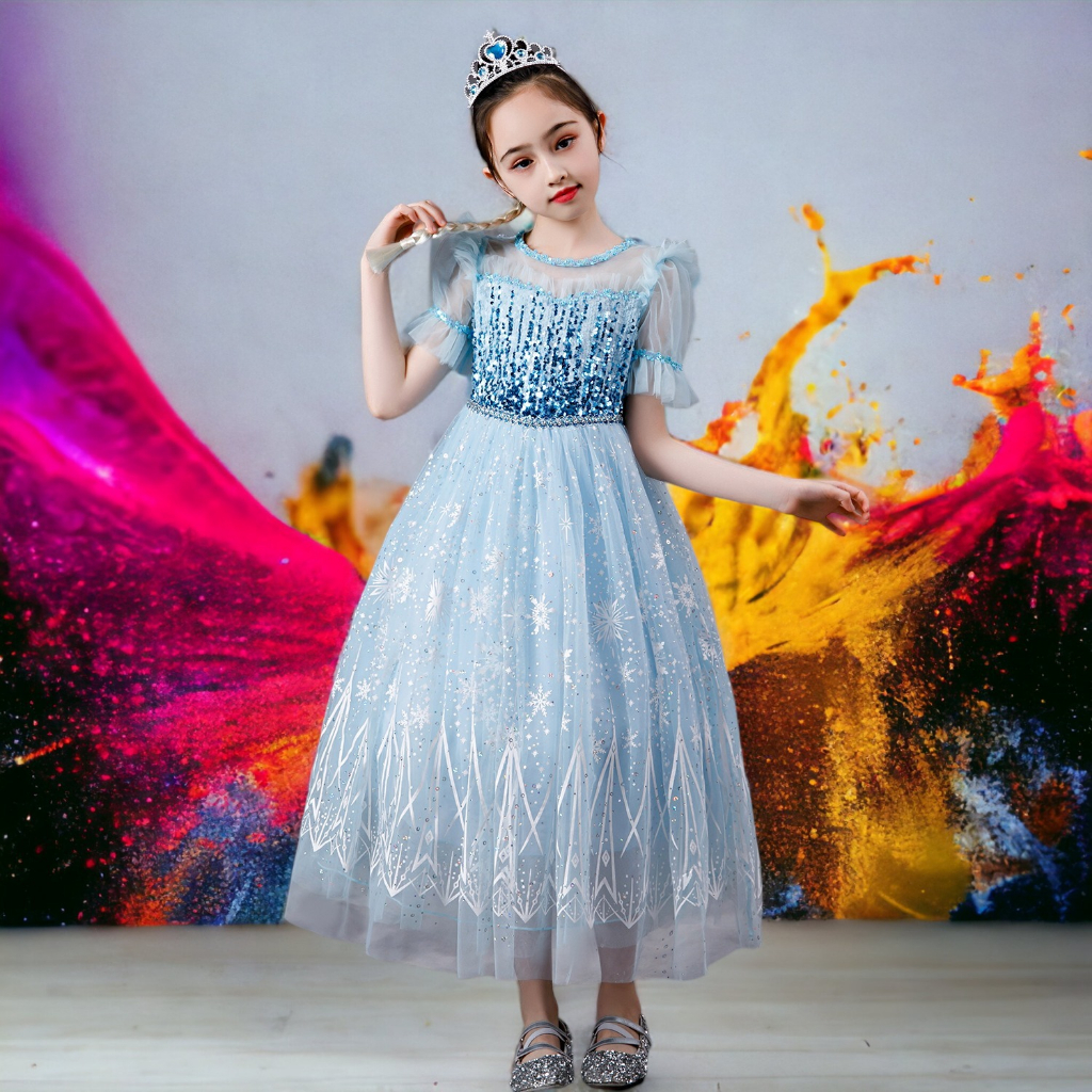 Váy Elsa màu xanh kèm tà dài cho bé gái 3-11 tuổi - Mẫu mới Frozen 2