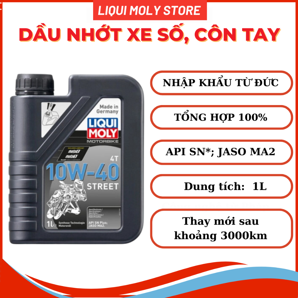 Nhớt tổng hợp cao cấp cho xe số,côn tay Liqui Moly Street 10w40-Sản xuất tại Đức