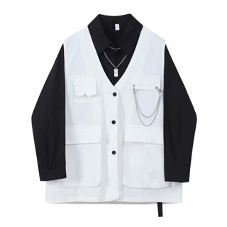   Ảnh Thật  Áo Khoác Gile Không Tay Túi Hộp Trắng Phối Nút Gài Unisex Nam Nữ Thời Trang Cá Tính 