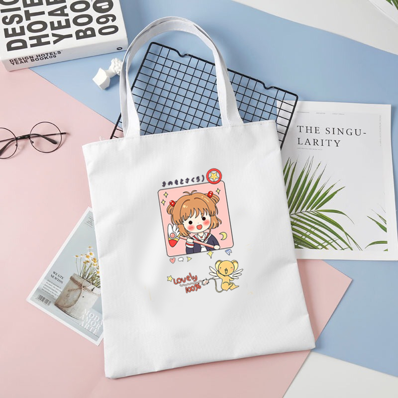 Túi tote vải đen trắng in hình SAKURA CARDCAPTOR ver VUÔNG Thủ Lĩnh Thẻ Bài anime chibi tiện lợi thời trang đeo vai