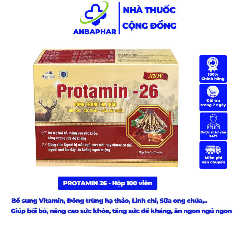 Protamin -26 Bổi bổ cơ thể, nâng cao sức khỏe, tăng sức đề kháng, giúp ăn ngon ngủ ngon - Hộp 100 viên