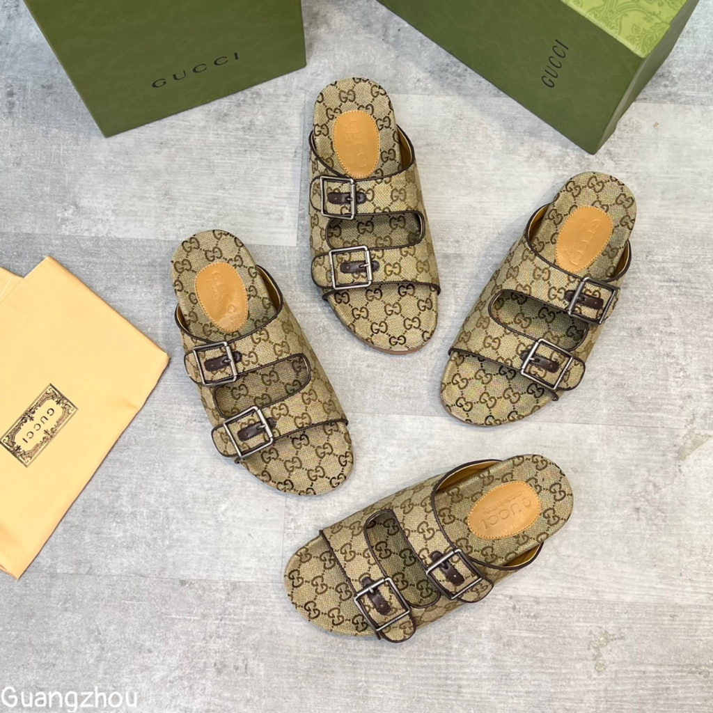 Dép lê quai ngang cài khóa Gucci họa tiết monogram logo to LA on web fullbox bill thẻ phụ kiện