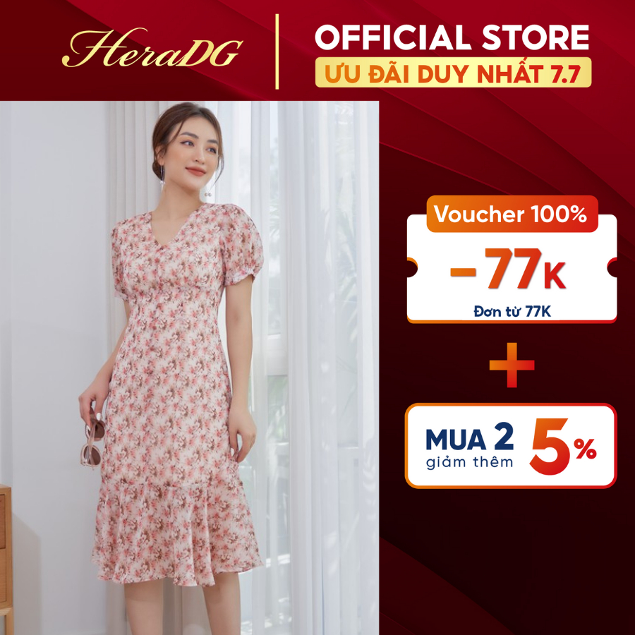 Đầm Thiết Kế Đuôi Cá Nữ HeraDG Dáng Xòe Cổ V Tay Bồng Họa Tiết Hoa Nhí, Chất Lụa Cao Cấp SDPBA039
