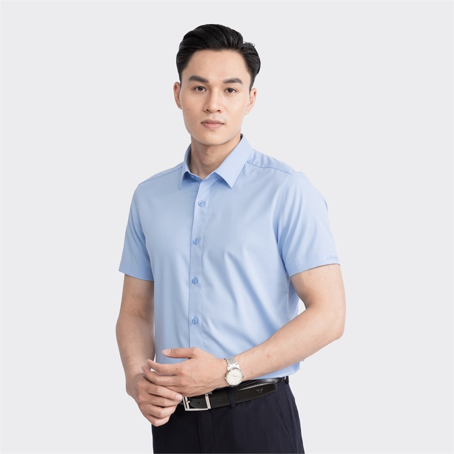 Áo sơ mi nam ngắn tay ARISTINO màu xanh solid đơn giản nhưng tinh tế, ấn tượng - ASSR35