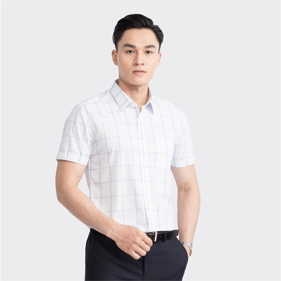 Áo sơ mi nam ngắn tay ARISTINO màu trắng kẻ xanh tinh tế, thanh lịch  - ASS024S3