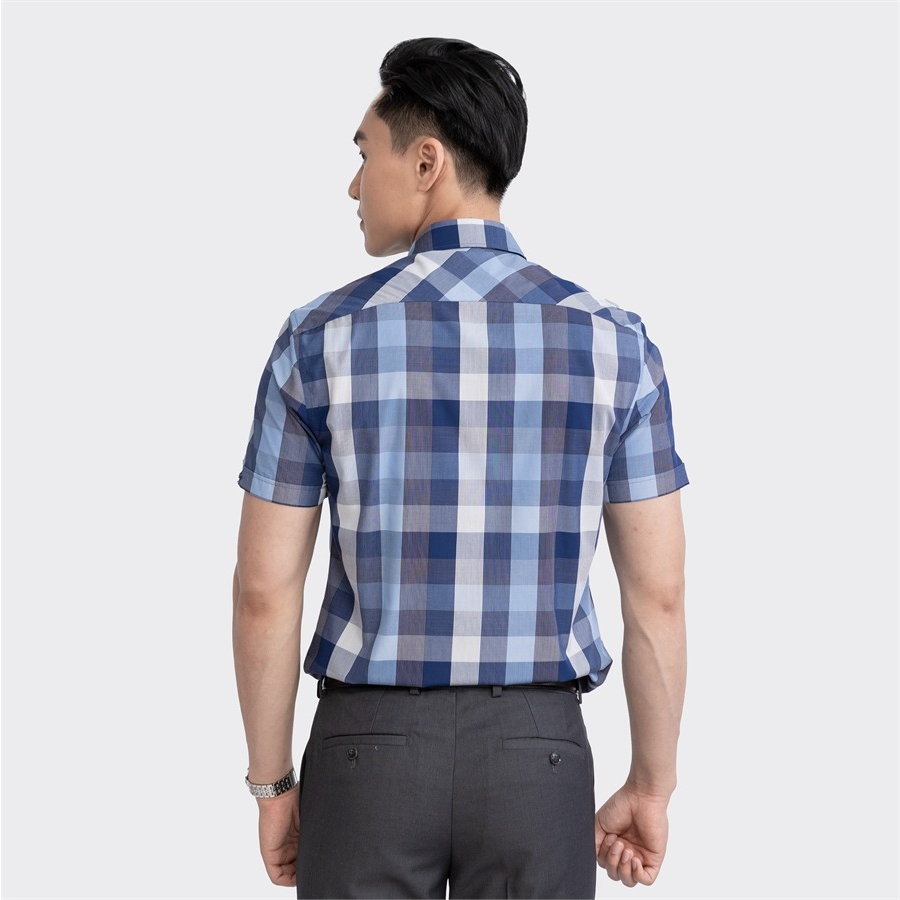Áo sơ mi nam ngắn tay ARISTINO màu xanh tím than kẻ dobby ịch lãm, thời thượng. - ASS053S3