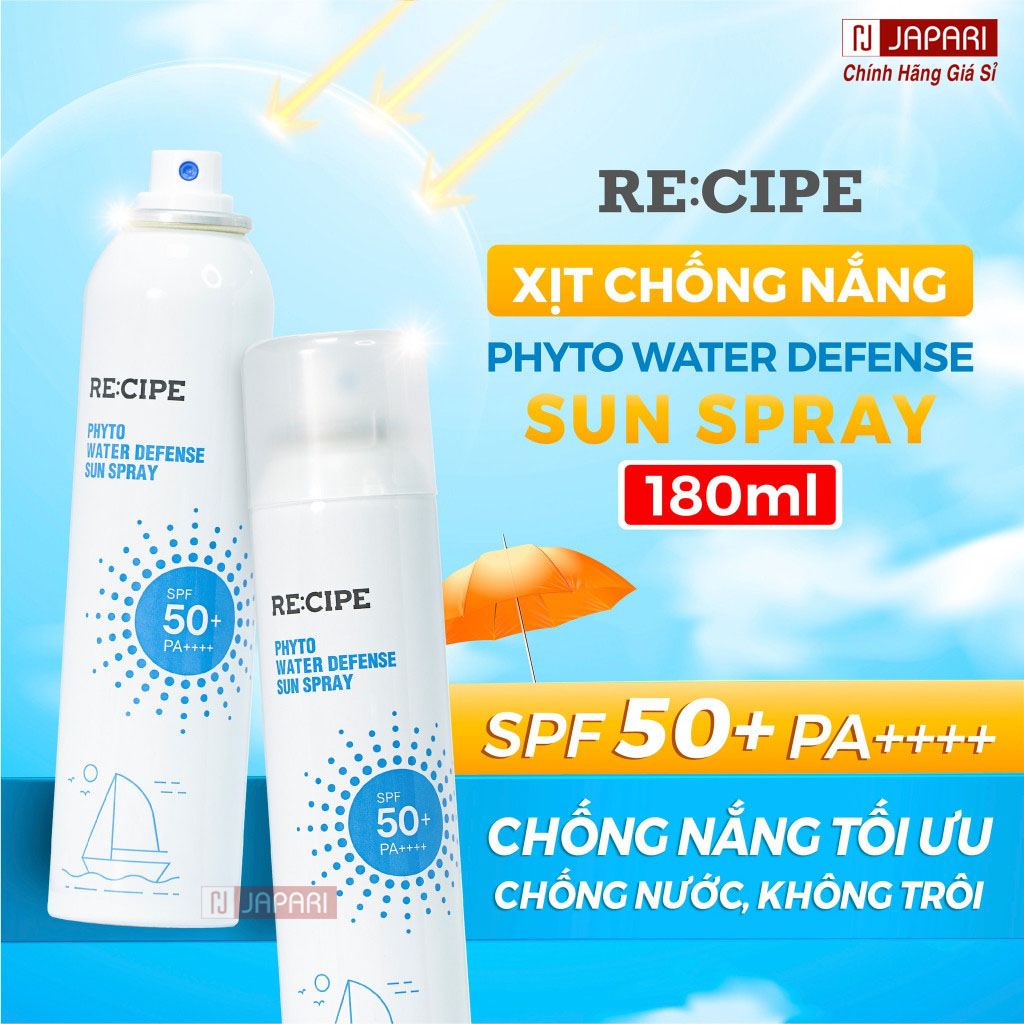 Xịt Chống Nắng Cho Da Mặt & Body RECIPE 180ml - Kem Chống Nắng Dạng Xịt Dưỡng Ẩm, Chống Nước - Kcn Dạng Xịt Japari