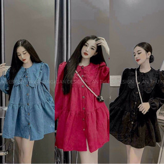 Đầm babydoll thời trang nữ mặc đi chơi tiểu thư cổ bèo cài nút thật chất vải Tăm Nhung dày dặn dáng váy xoè