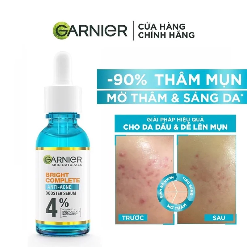 Dưỡng chất cho da dầu mụn Garnier Bright Complete Anti-Acnes Booster Serum 4% [Niacinamide, BHA, AHA, Vitamin C] 7.5ml