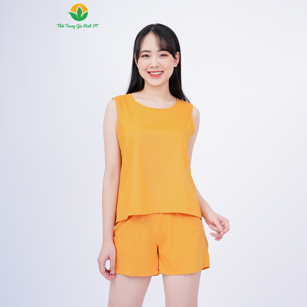 Bộ đồ nữ mùa hè Việt Thắng, quần đùi, áo sát nách Linen màu - B42.2308