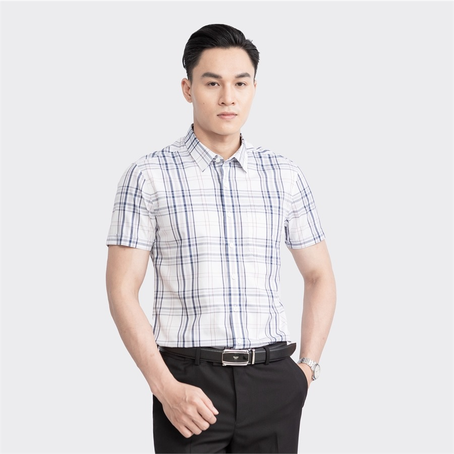 Áo sơ mi nam ngắn tay ARISTINO màu trắng kẻ xám lịch lãm, thời thượng  - ASS075S3