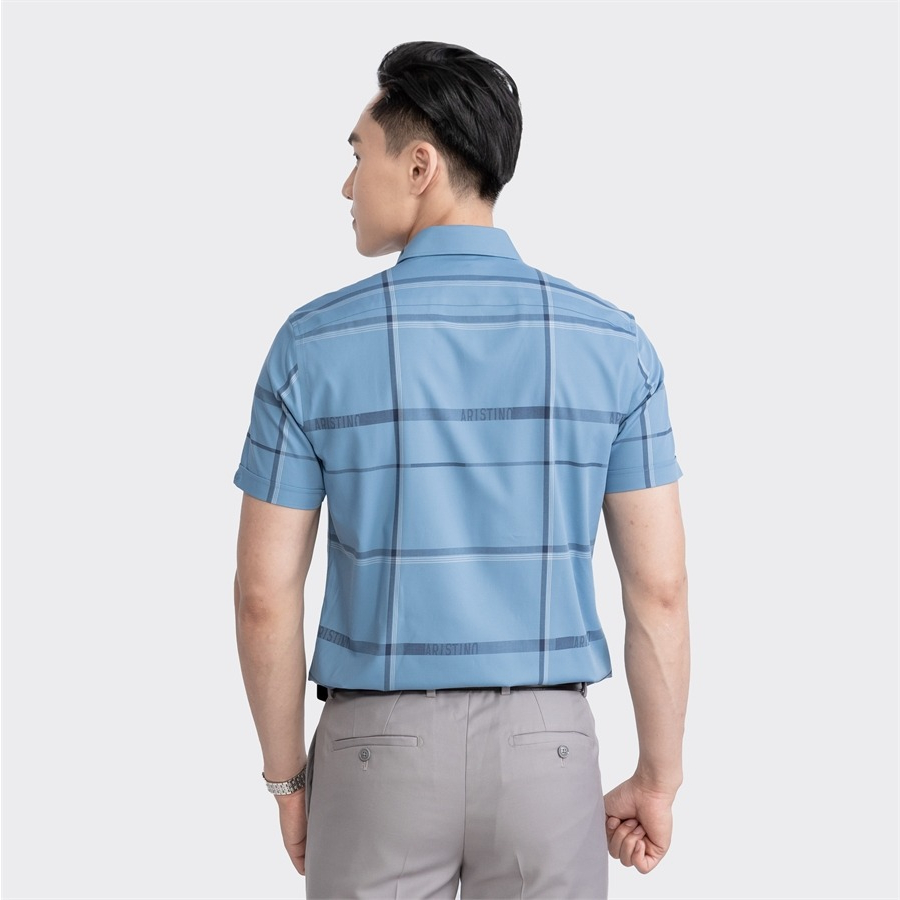 Áo sơ mi nam ngắn tay ARISTINO màu xanh kẻ trắng in logo Aristino tinh tế, ấn tượng  - ASS020S3