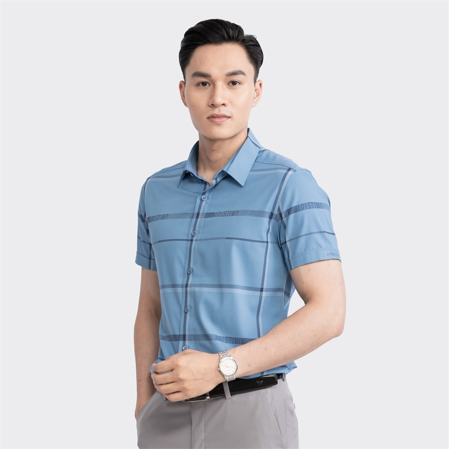 Áo sơ mi nam ngắn tay ARISTINO màu xanh kẻ trắng in logo Aristino tinh tế, ấn tượng  - ASS020S3