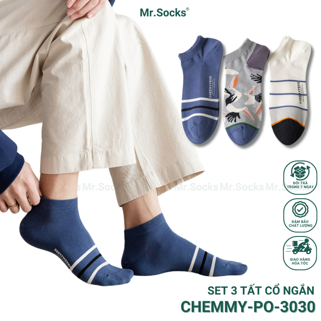 Set 3 đôi tất nam cổ ngắn Mr.Socks họa tiết trẻ trung, chất liệu cotton cao cấp kháng khuẩn khử mùi CHEMMY-PO-3030-CB3