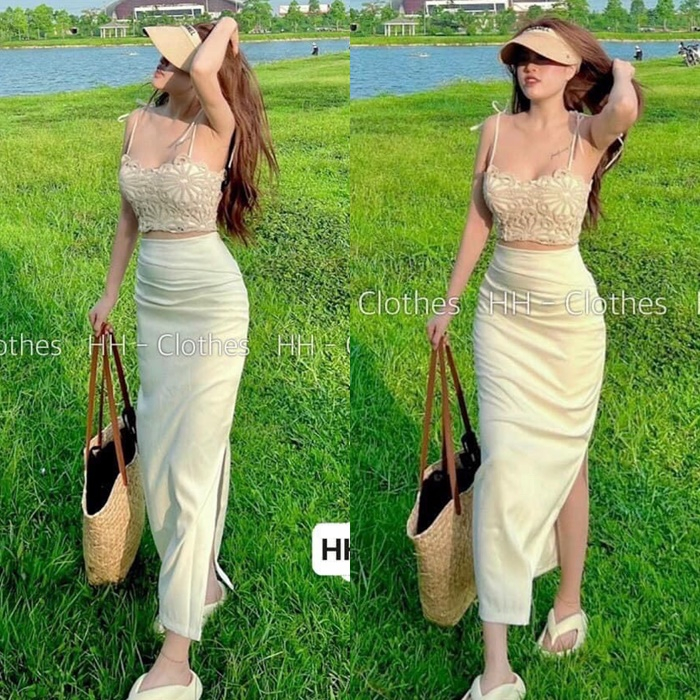 ĐẦM SET CHÂN VÁY DÀI MIDI TRƠN XẺ TÀ ĐÙI + ÁO CROPTOP 2 DÂY HOA CỔ U ỐNG ÔM BODY ĐI TIỆC ĐI CHƠI NOEL DẠO PHỐ ĐI BIỂN
