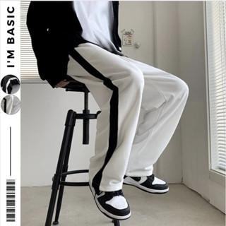 Quần Ống Rộng Poly 1 Sọc Lớn Đen Trắng Dáng Suông Nam Nữ Thể Thao Ulzzang Thoải Mái Thoáng Mát