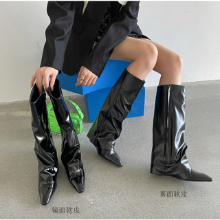   Sẵn 36,37 mô tả  ORDER ~ Bốt đầu gối kiểu Mỹ màu đen ống rộng đế xuồng cao gót cho nữ thu đông 2024 