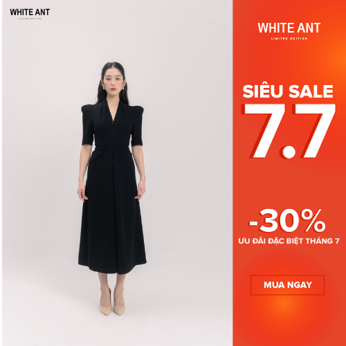 Đầm A Tay Lỡ Rúm Thân Cổ V Nữ White Ant Hàng Thiết Kế Cao Cấp