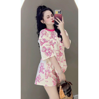 Set bộ nữ dễ thương đi chơi với quần đùi kèm áo thun in hình gấu siêu cute chất vải thun mềm mát