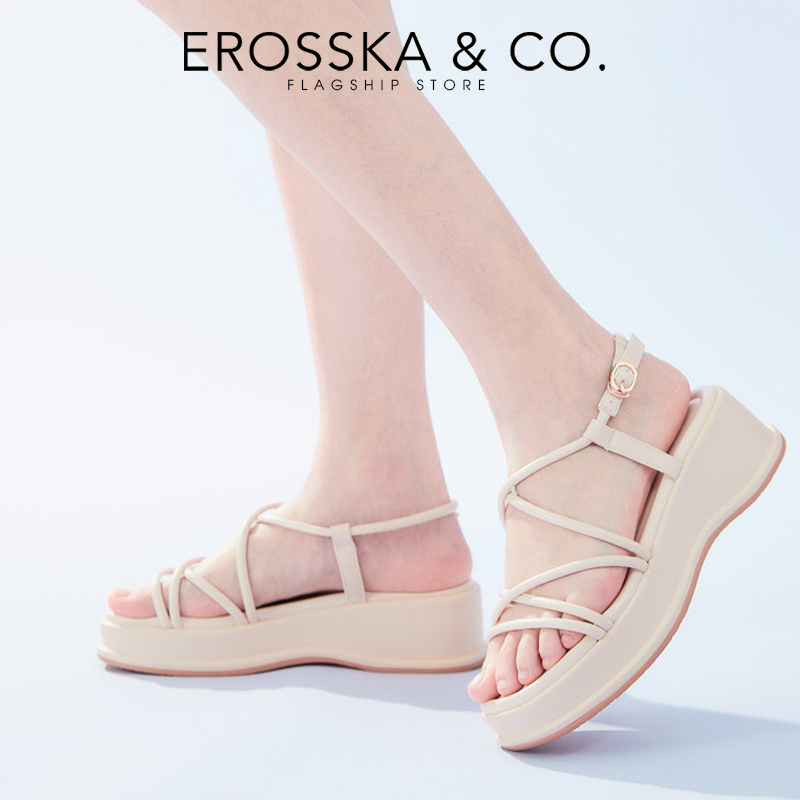 Erosska - Giày sandal nữ đế xuồng phối dây quai mảnh thiết kế basic cao 6cm màu nude - SB014