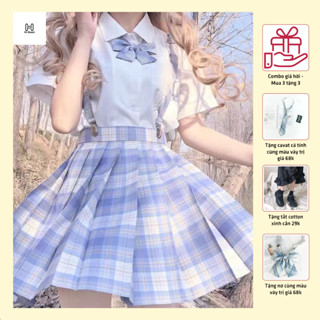 Set bộ chân váy jk kẻ sọc xếp ly caro áo sơ mi trắng ngắn tay trơn basic kèm quần bảo hộ +(nơ, cavat, tất)