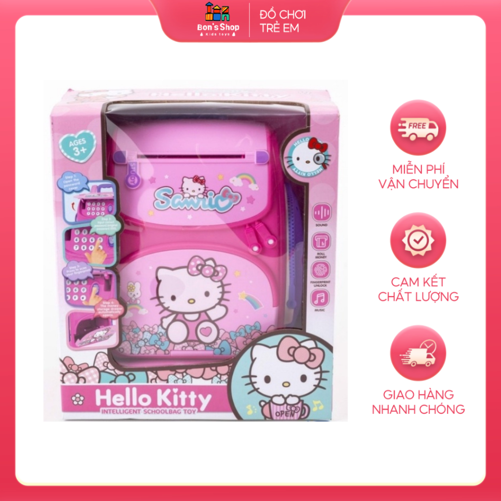 Hộp Đồ Chơi Balo Két Nhựa Mini Hello Kitty Cho Bé, Đồ Chơi Két Sắt Vân Tay Bé Gái - Bon's Shop