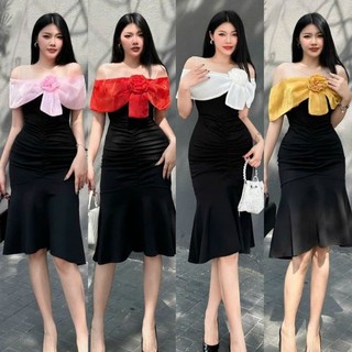 Đầm body đuôi cá trễ vai phối màu xinh xắn-TKO TẶNG KÈM HOA TAI THỜI TRANG