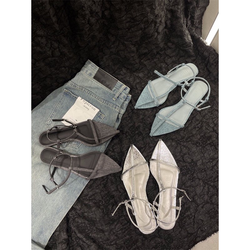 (ORDER) Sandal nữ denim lấp lánh độc lạ mũi nhọn quai chữ T có khoá cài đế bệt