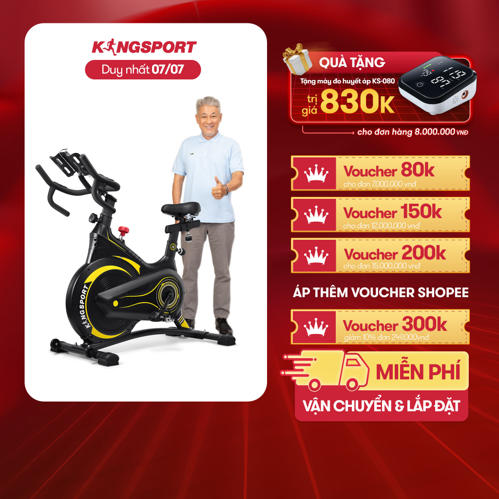Xe đạp tập thể dục tại nhà Kingsport BK-5804 tải trọng tối đa 150kg, có đồng hồ thông minh đo thông số khi tập luyện