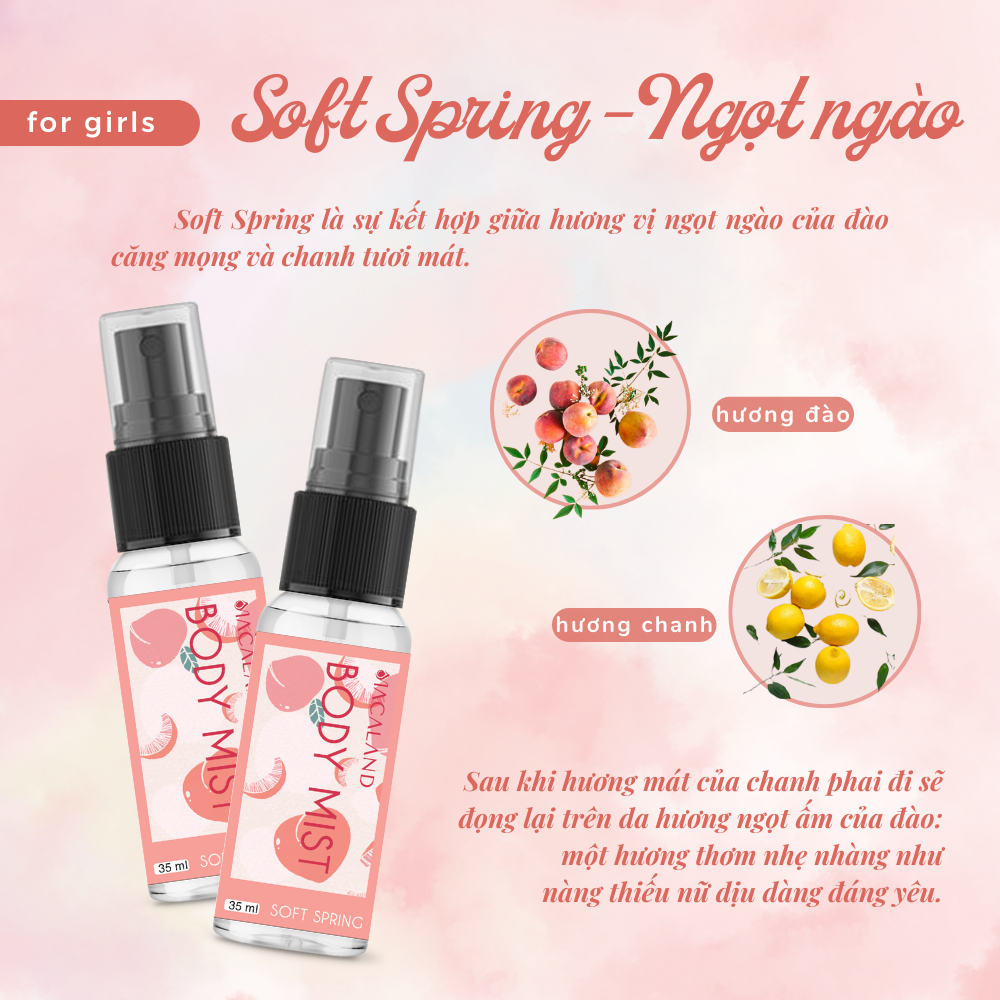 Body Mist đào Soft Spring MACALAND 20ml/100ml hương trái cây đào ngọt ngào tươi mát