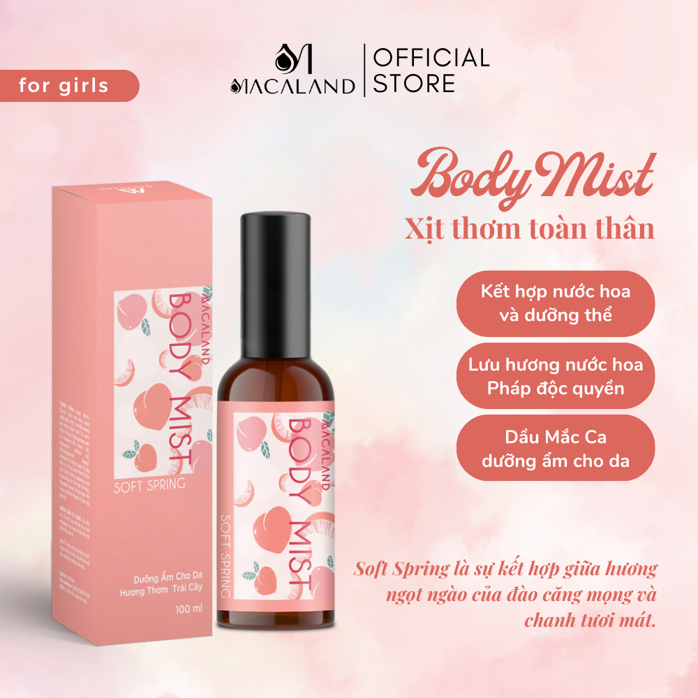 Body Mist đào Soft Spring MACALAND 20ml/100ml hương trái cây đào ngọt ngào tươi mát