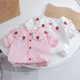 Áo sơ mi cổ bèo tay bo chun thêu hình dâu cho bé gái siêu xinh