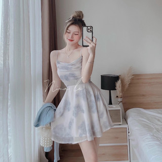 set váy nữ thời trang mặc đi chơi váy hoa 2dây trễ ngực chất vải Voan cao cấp kèm áo khoác thun gân lửng tay dài