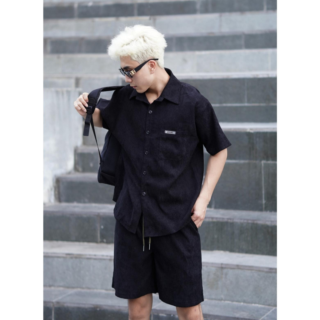 SET Sơ Mi Nam Quần Đùi Tay Ngắn Thuơng Hiệu STEVE unisex chất liệu nhung tăm local brand cao cấp