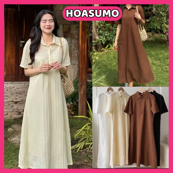 Váy Sơ Mi Chất Đũi Gân phom Rộng Dáng Dài Mặc Hè Mát,váy xuông phom rộng basic SV9 HOASUMO