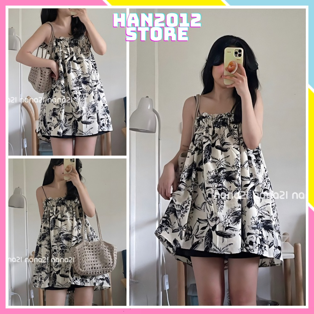 Áo hai dây Babydoll hoa đen không tay dáng baby doll - Áo thun nữ, áo kiểu đẹp - ÁO 2 DÂY bèo ngực - Áo hai dây bún