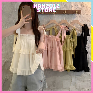 Áo 2 Dây Bản To Babydoll Dáng Xòe Phối Bèo Tầng Ngực Chun Chất Lụa Thô Mát Mùa Hè