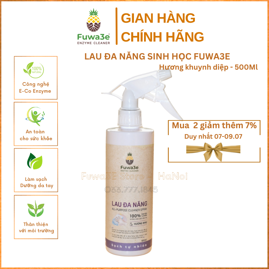 Lau đa năng sinh học Fuwa3E hương nhu 500ml, lau bếp, lau kính và các mặt nhẵn - Fuwa3E Store HaNoi