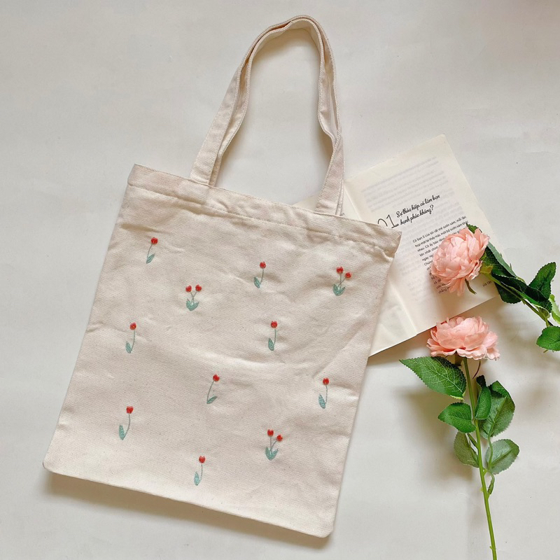 Túi Tote Vải Canvas Mộc Thêu tay hoa tulip
